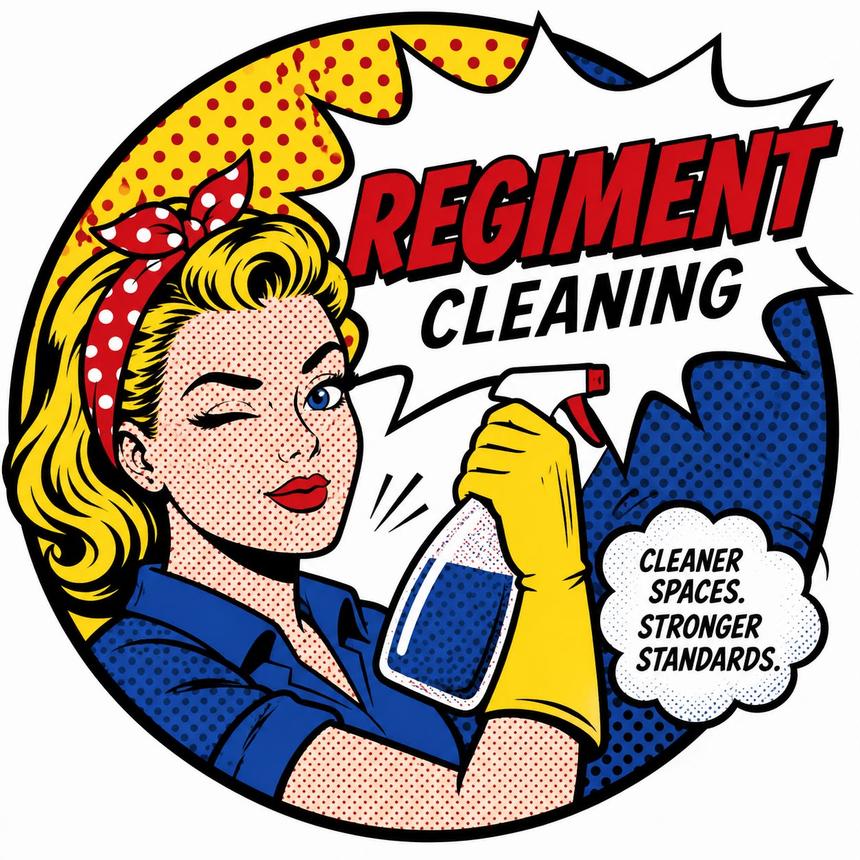 Regiment Cleaning pop-art mascot — Cleaner Spaces. Stronger Standards.